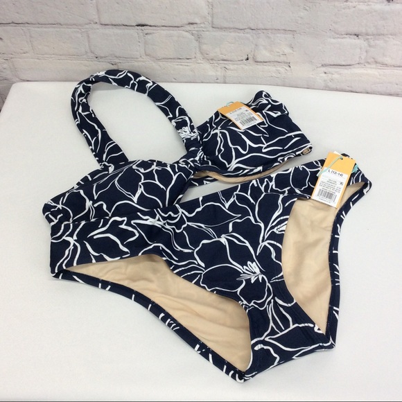 Kona Sol 2 Piece Swimsuit Floral Swirl Navy/White - Picture 2 of 12